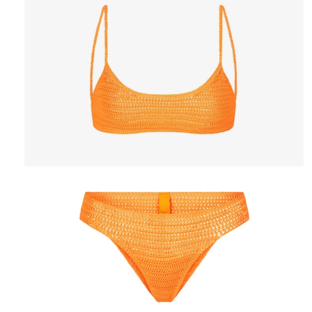 NWT SKIMS SWIM CROCHET MICRO SCOOP BIKINI TOP & BIKINI BOTTOM SET IN NEON ORANGE